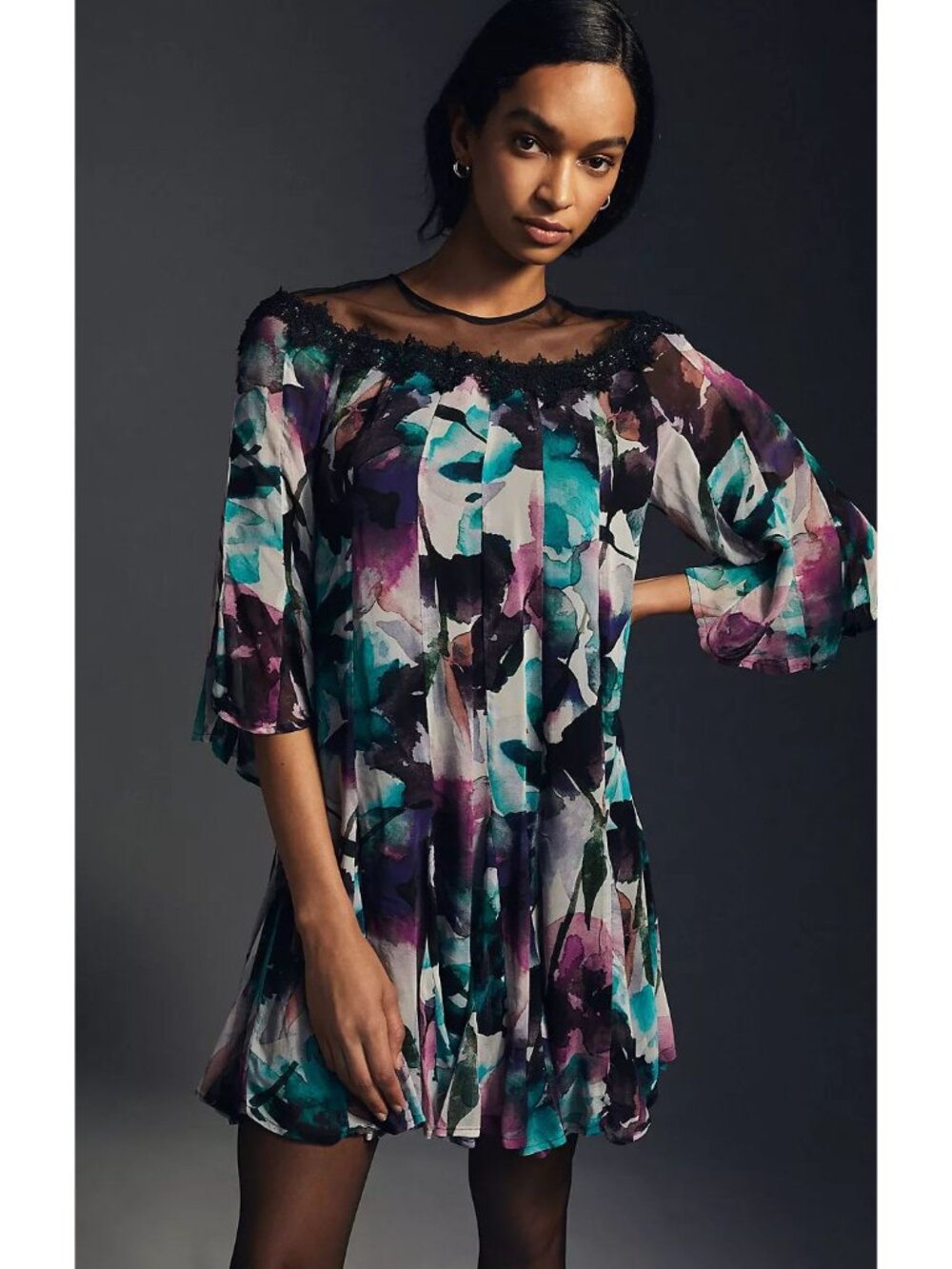 Anthropologie Watercolor Flutter Sleeve Turquoise Purple Lace Trim Dress L EUC